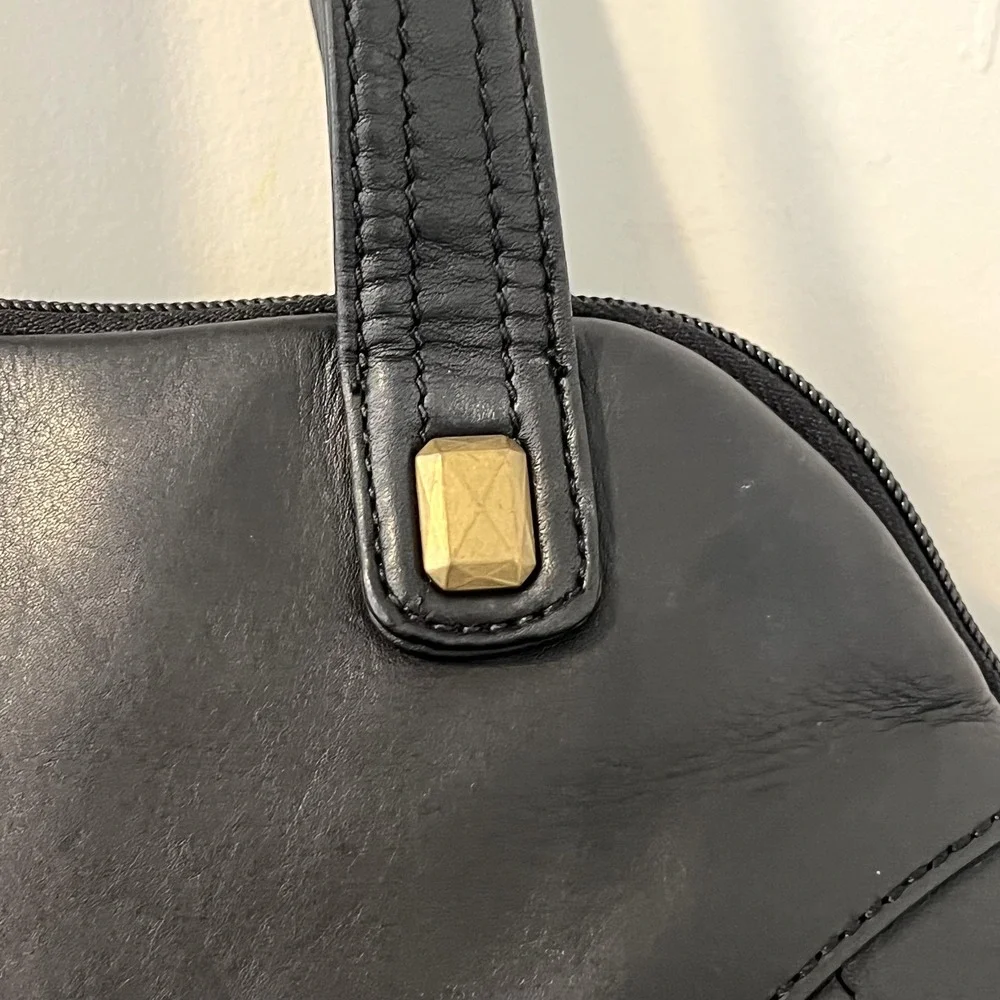 Stone Mountain Shoulder Bag Womens Medium Black Leather Studded Gold Hardware